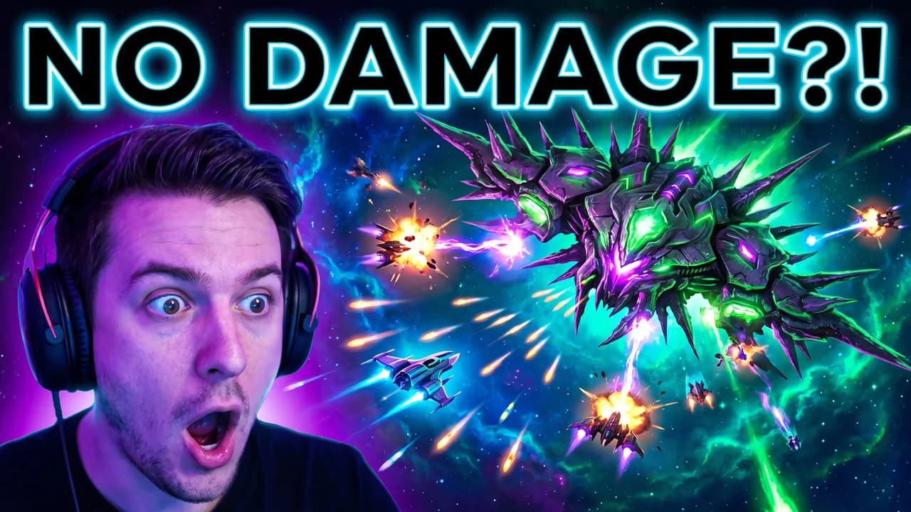 A gaming YouTube thumbnail: a shocked gamer in headphones next to a giant purple alien boss ship in a neon space battle, headline NO DAMAGE?!