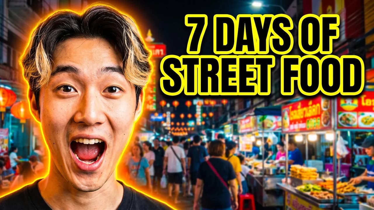 A YouTube thumbnail: a young man with bleached tips shouting with joy on a Bangkok night market street, glowing outline, yellow headline 7 DAYS OF STREET FOOD
