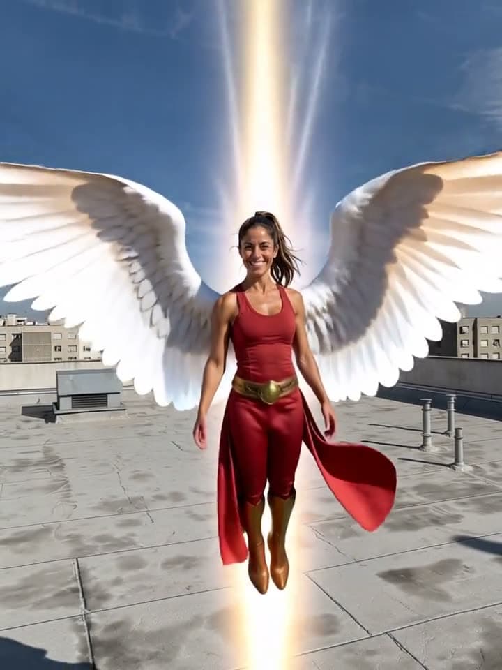 A woman on a rooftop growing huge white wings and rising into the air