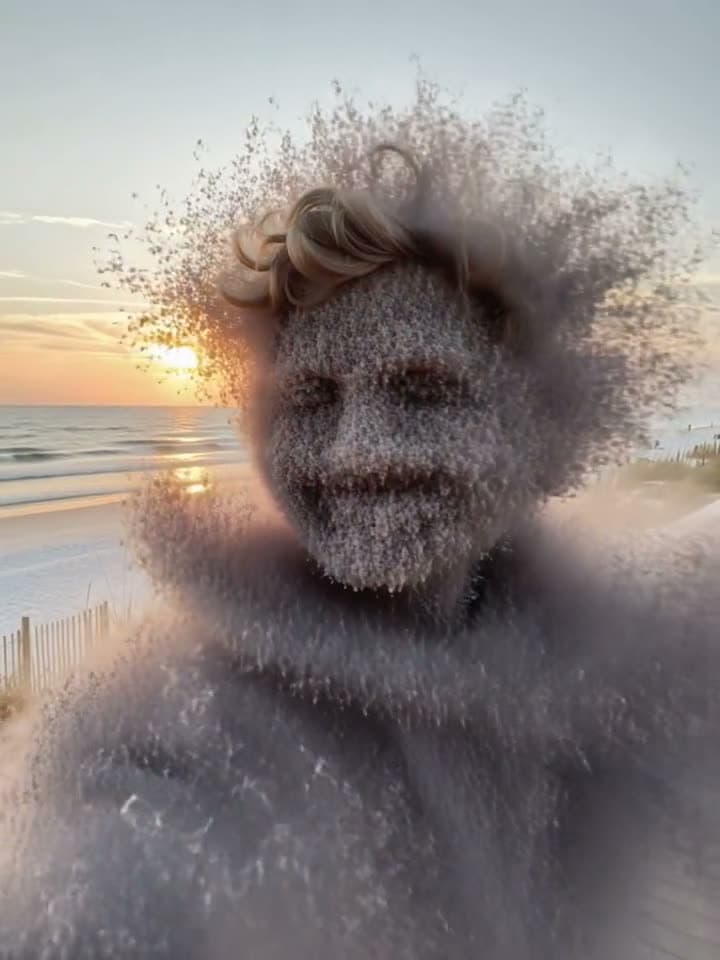 A man on a beach boardwalk crumbling into dust that blows away