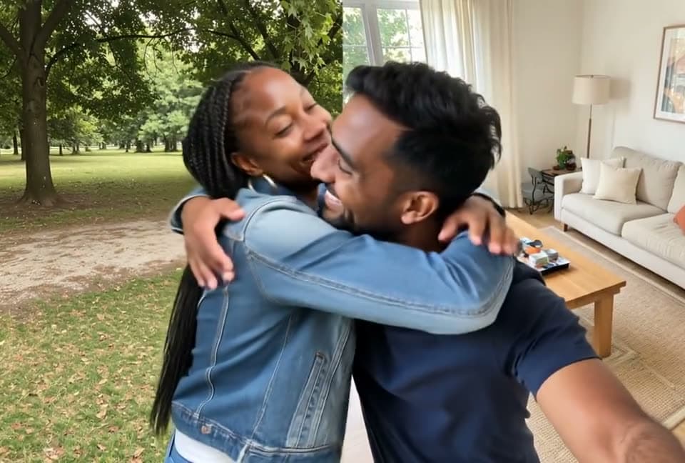 Two selfies side by side become a video of the two people turning to each other and hugging
