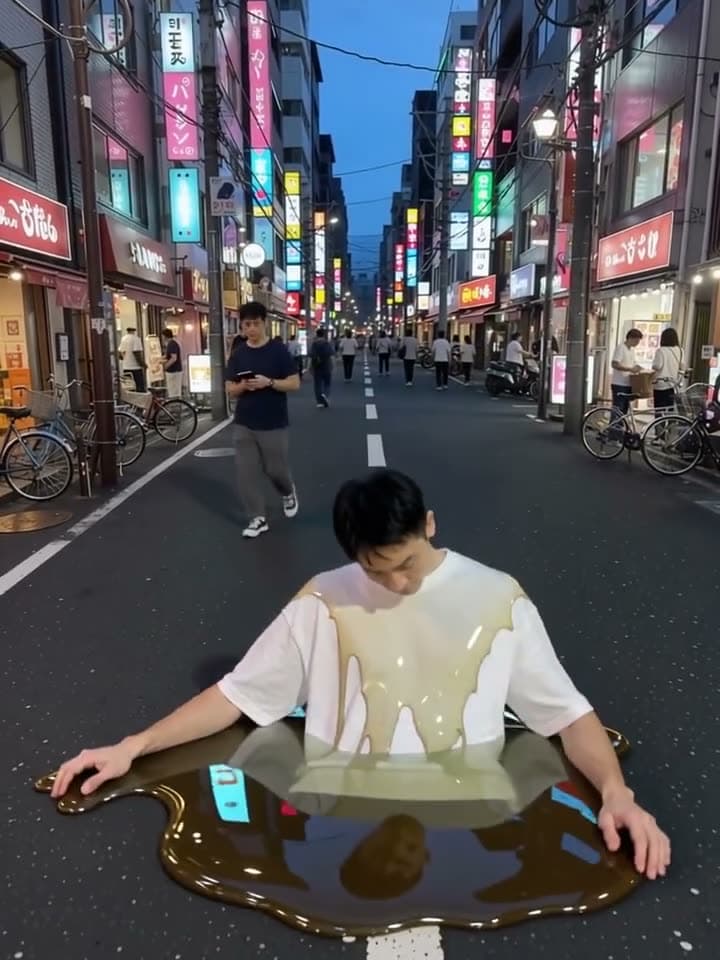 A man on a neon street melting like wax into a puddle on the road