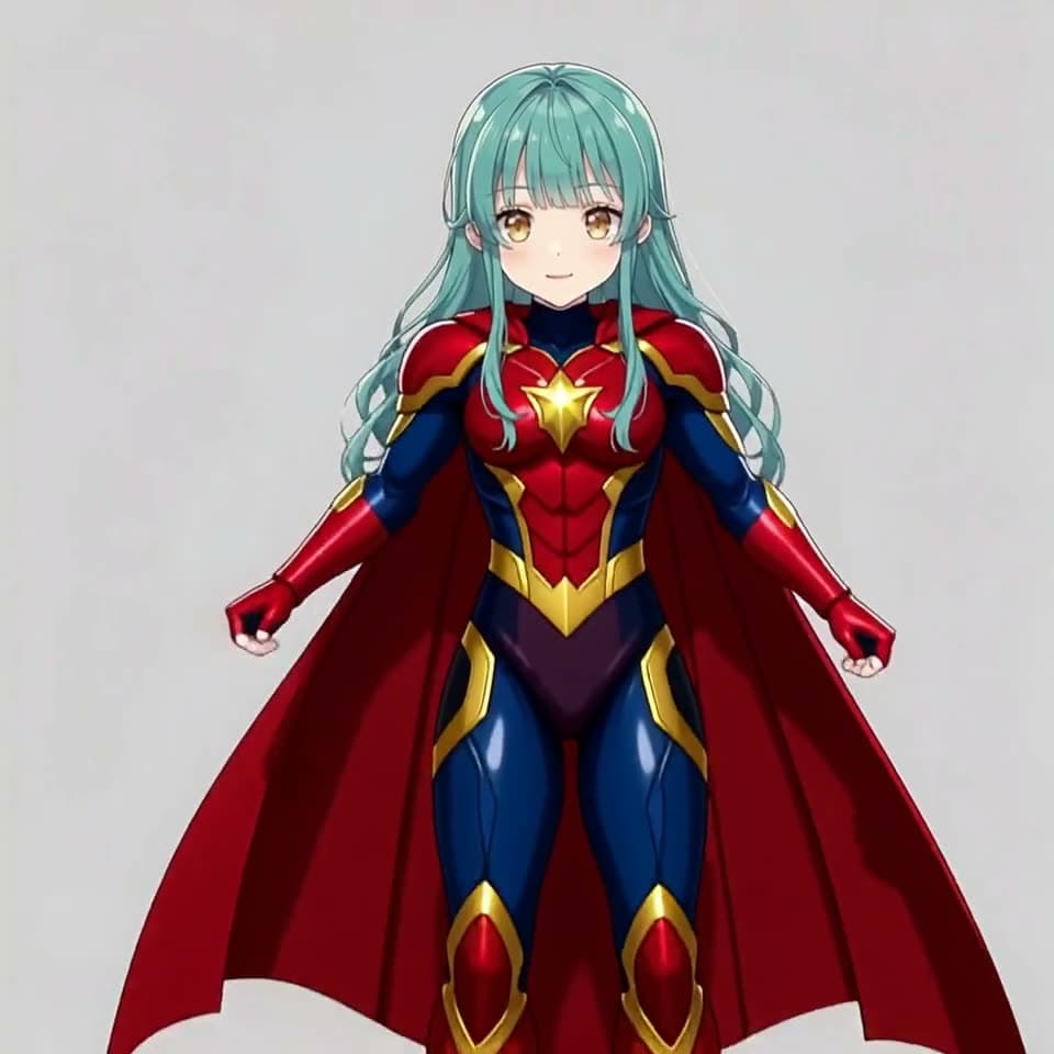 An anime girl in a hoodie turning into a caped superhero in a flash of light