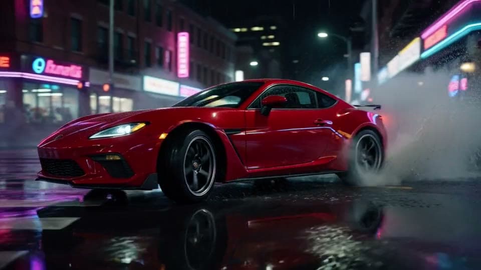A red sports car drifts around a neon-lit corner in the rain at night, tires smoking, then roars off
