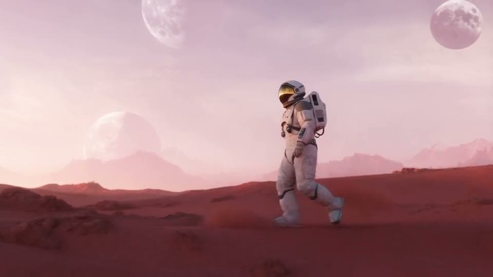 An astronaut walks across a red desert planet with two moons in a pink sky, dust swirling around the boots