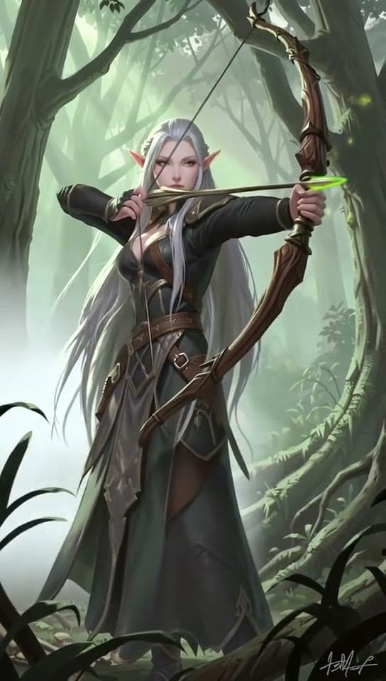 A painted elf archer with silver hair draws her bow in a misty forest as fireflies drift around her