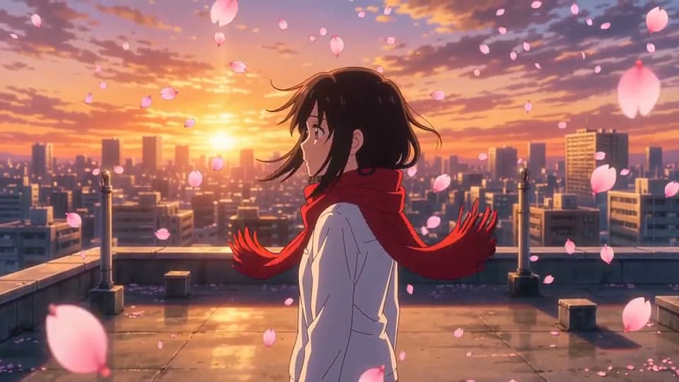 An anime girl with a red scarf on a rooftop at sunset as cherry blossom petals swirl around her
