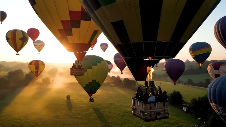 Colorful hot air balloons rise over a misty green valley at sunrise as the camera drifts between them