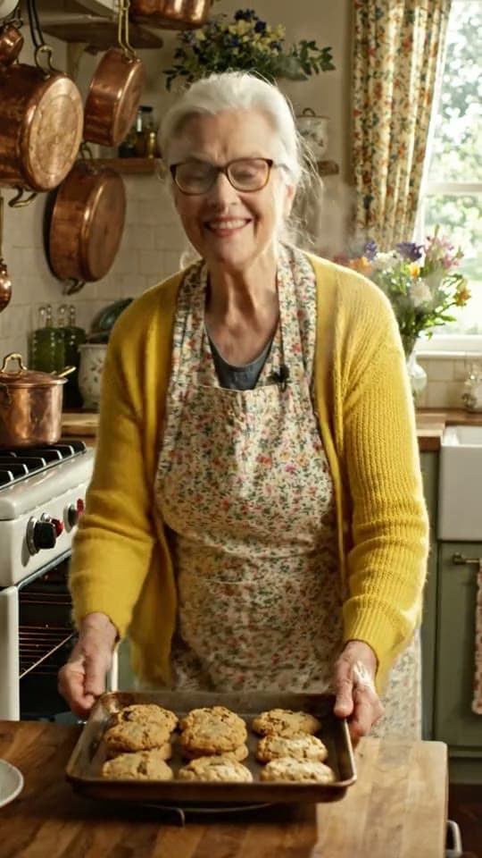 A grandmother pulls cookies from the oven, turns to the camera and asks who wants cookies
