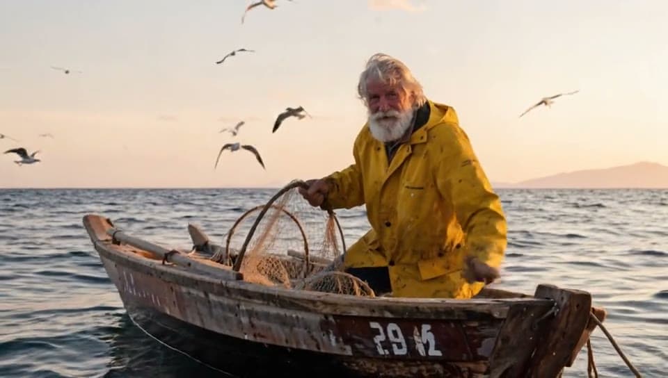 An old fisherman in a yellow raincoat hauls a net aboard his boat as the sea rocks it at dawn