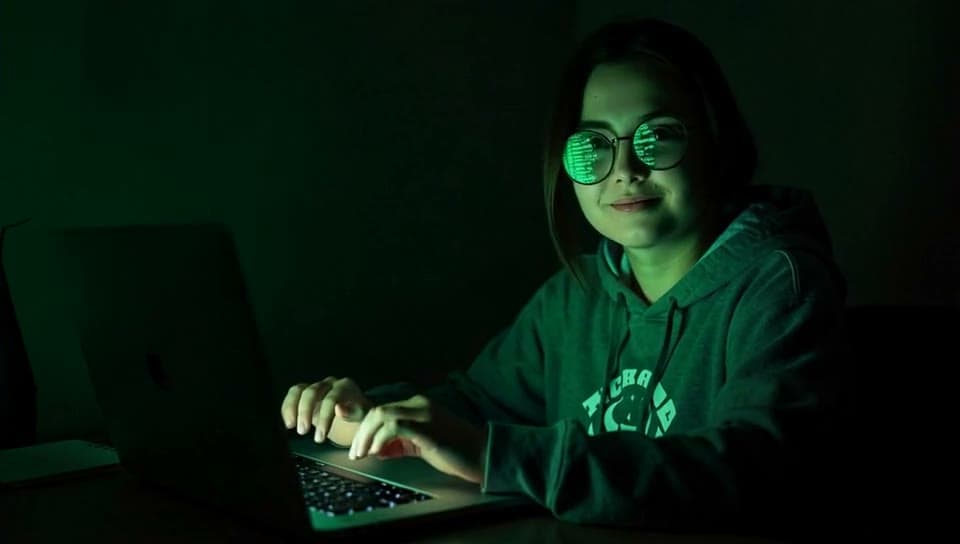 A young woman with glasses types fast in a dark room lit green, then looks up and smirks