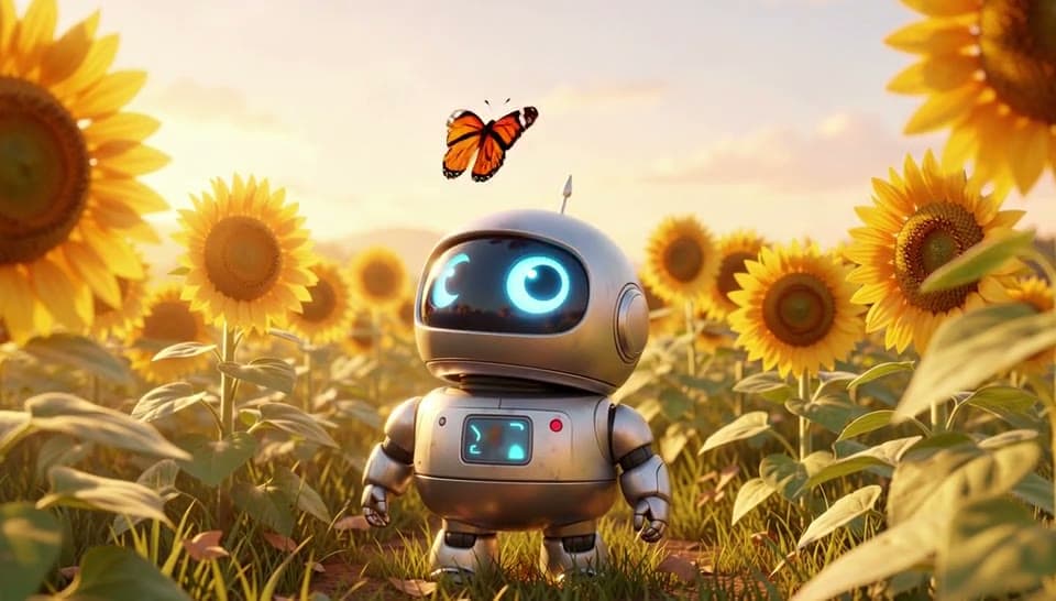 A small 3D robot in a sunflower field looks up at a butterfly on its head, its eyes light up and it dances