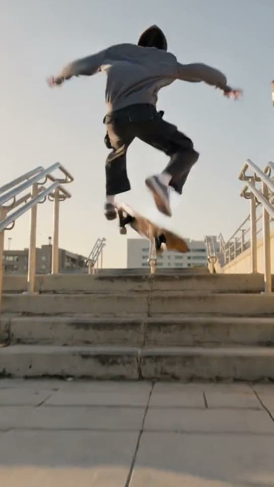 A skateboarder kickflips down city stairs at golden hour in slow motion, the camera following low behind him