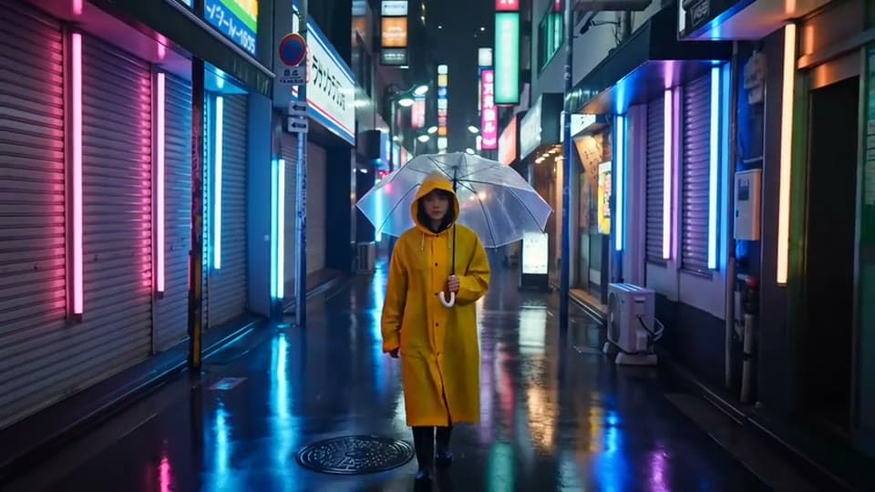 A woman in a yellow raincoat walks under a clear umbrella down a neon-lit Tokyo alley at night in the rain