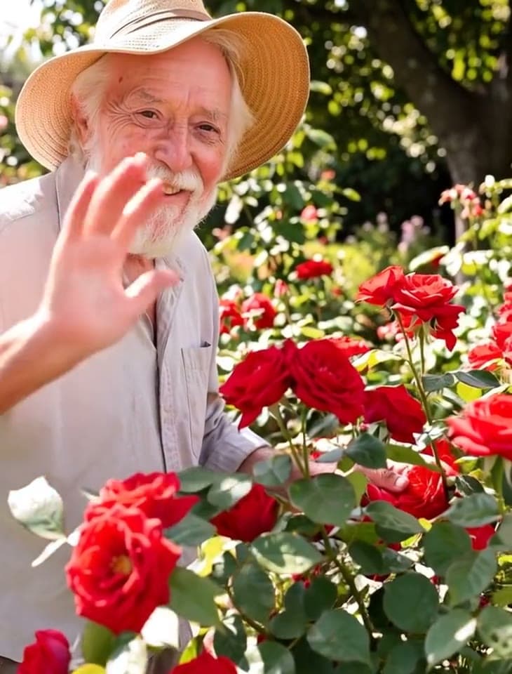 An elderly man in a straw hat looks up from his roses, smiles and waves