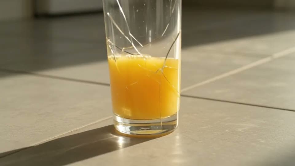 A glass of orange juice tips off a kitchen table in slow motion and shatters on the tile floor