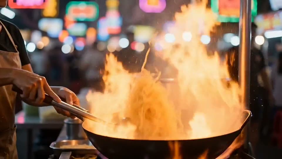 A street food cook tosses noodles in a flaming wok at a neon night market as the camera pushes in