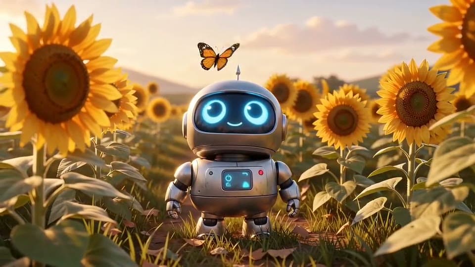 A small 3D robot in a sunflower field looks up as a butterfly lands on its head and beeps happily