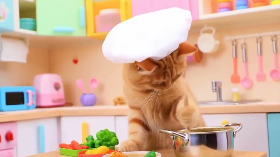A fluffy orange cat in a tiny chef's hat stirs a pot of soup in a toy kitchen