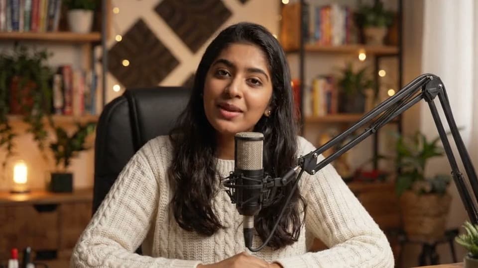 A podcaster at a desk with a microphone smiles and welcomes listeners back to the show