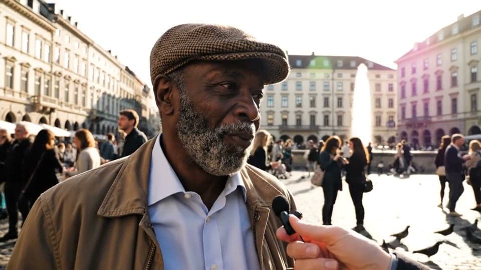 A man with a grey beard and a flat cap laughs into a street interviewer's microphone in a sunny city square