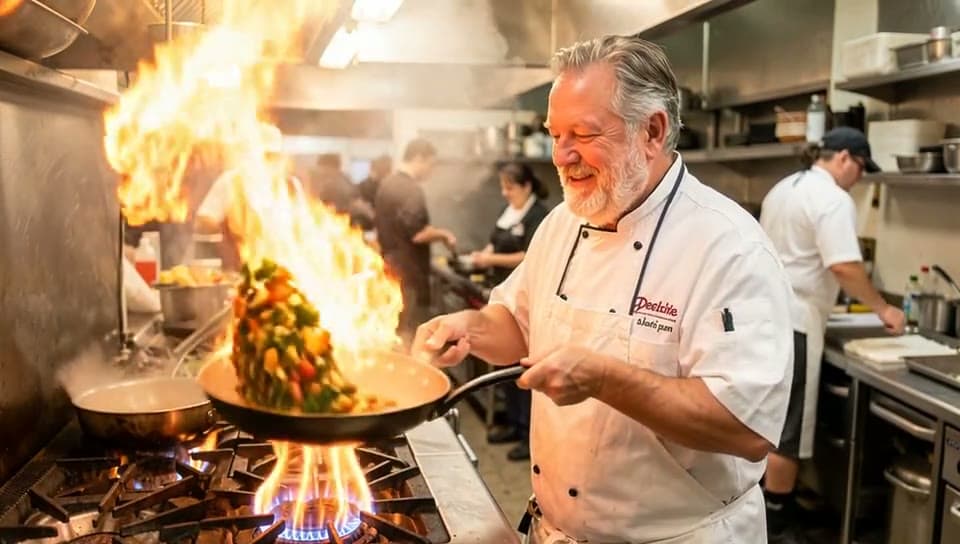 A chef in a busy kitchen tosses vegetables in a flaming pan, laughs and looks at the camera