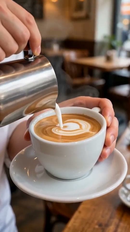 Close-up of a barista pouring latte art into a cup in a cozy café, the milk swirling into a heart