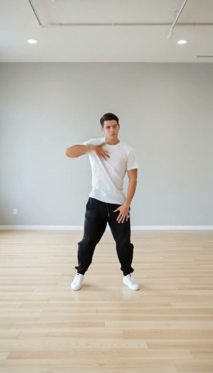 The original clip of a dancer in a white t-shirt in a bright dance studio