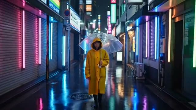The original 360p clip of a woman in a yellow raincoat on a rainy Tokyo street
