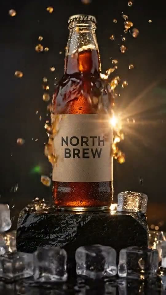 Ice splashes around a bottle of cold brew as the camera pushes in and a voice says the tagline