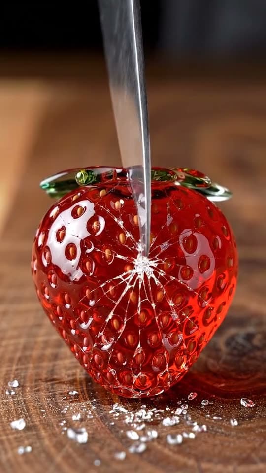 A knife slices a glass strawberry that cracks apart on a wooden board