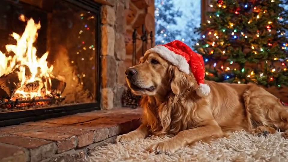 A golden retriever in a Santa hat lies by the fire next to a glowing Christmas tree
