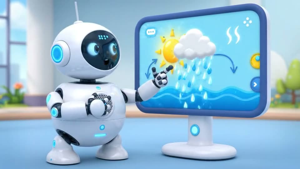 A white 3D robot points to a screen with the sun, a cloud and rain and explains how rain works