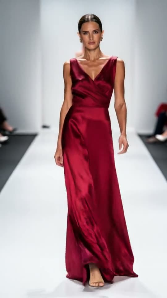 A model in a crimson silk dress walks toward the camera down a white runway