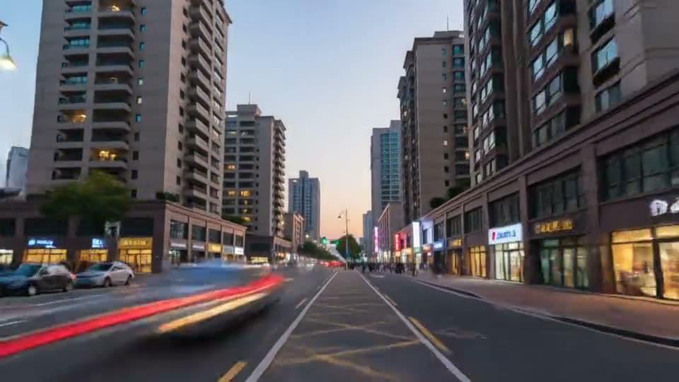 A hyperlapse down a city street from day into night with streaking car lights