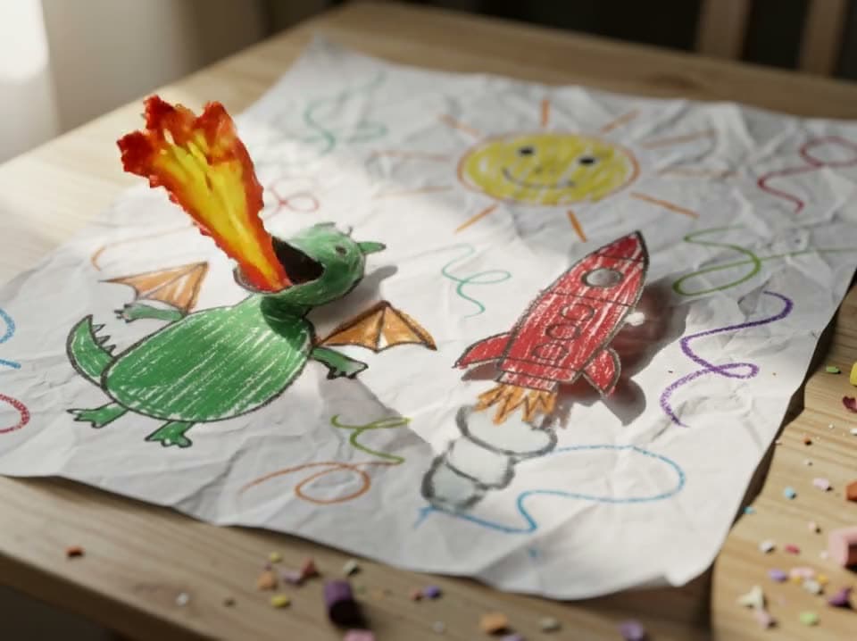 A crayon dragon breathes fire and a crayon rocket lifts off from the paper