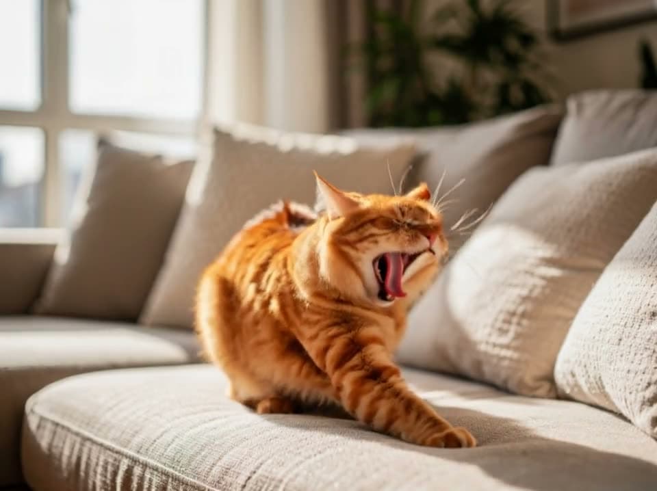 An orange tabby cat stretches, yawns and blinks slowly at the camera