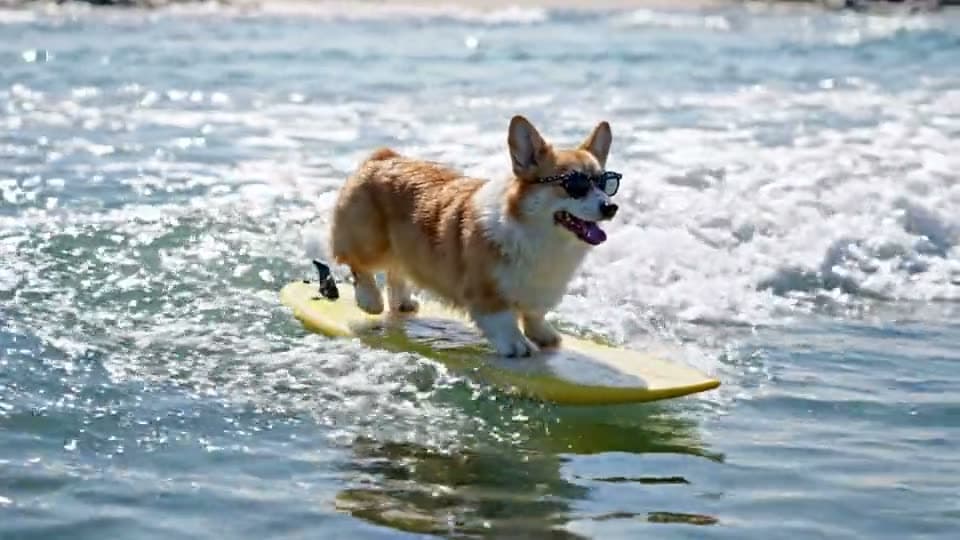 A corgi in sunglasses rides a surfboard on a sunny wave