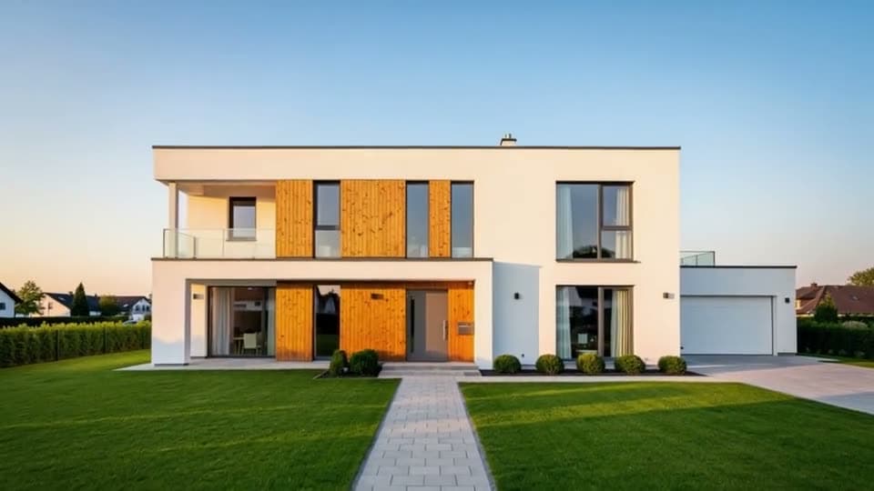 A modern white and wood house at golden hour as the camera pushes in and rises