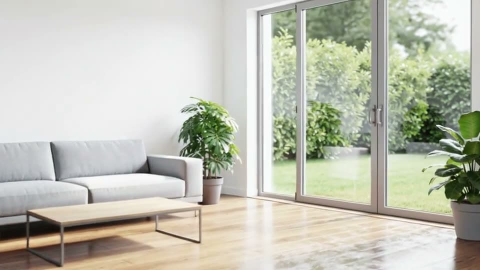 A bright living room as the camera glides forward toward the garden windows