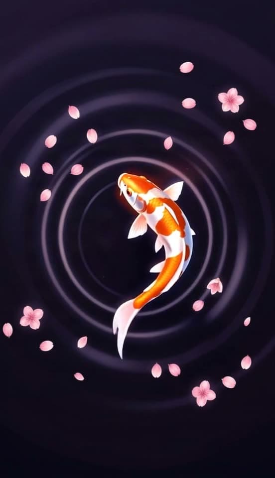 A glowing koi circles through rippling rings of light and drifting petals, ending where it began
