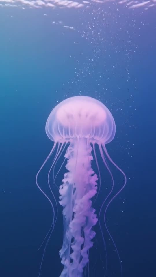 A glowing violet jellyfish drifting upward through deep blue water in a tall loop