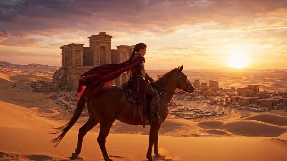 A rider on a dune at sunset as a giant stone city rises from the sand behind her