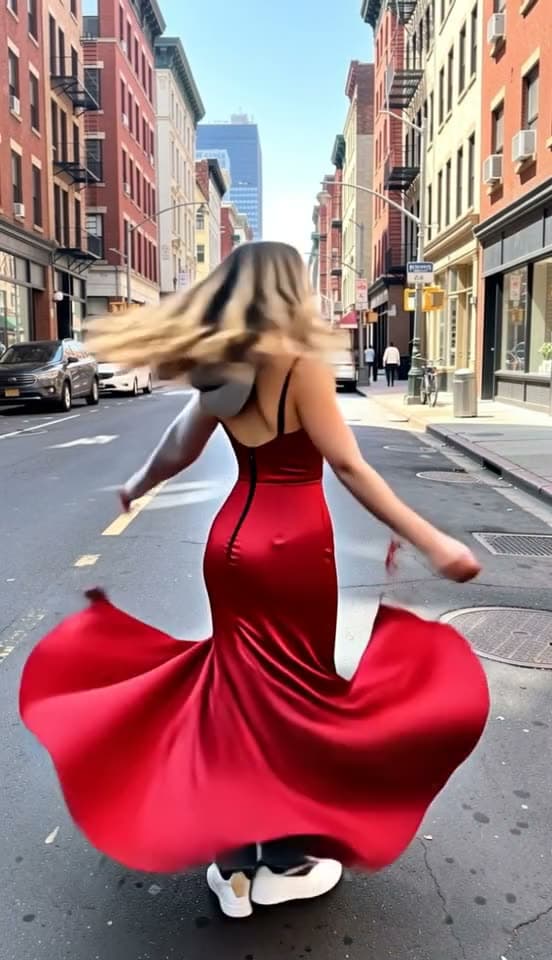 A woman on a city street spins and her hoodie and jeans turn into a red satin evening gown