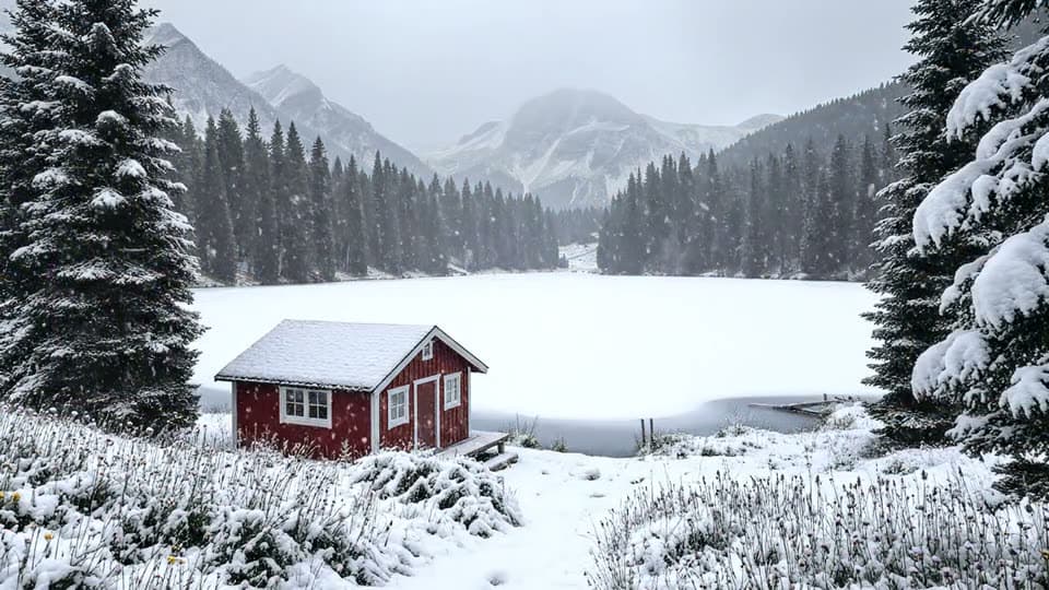 A red lakeside cabin as summer turns to winter, snow covering the meadow and the lake freezing