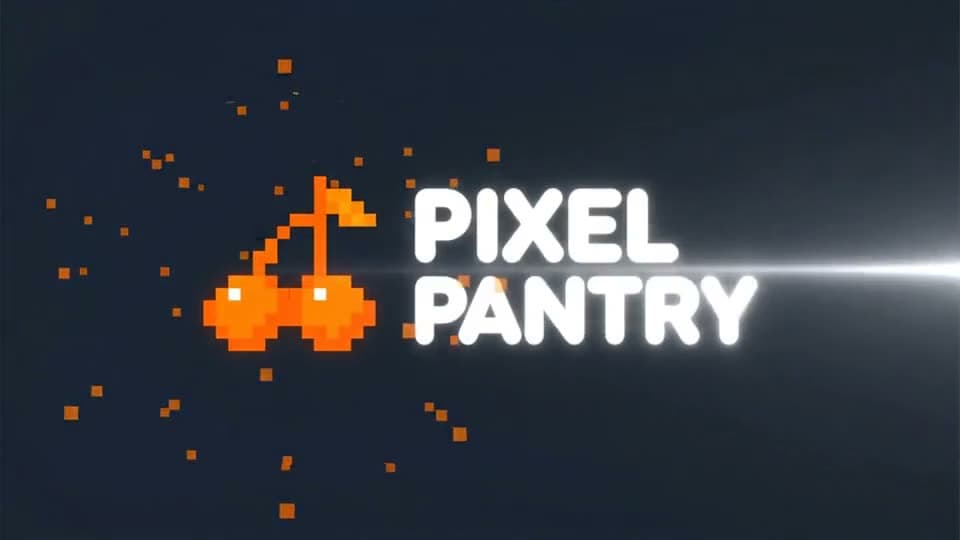 The Pixel Pantry logo lit by a sweeping light as pixel sparks burst from the cherry