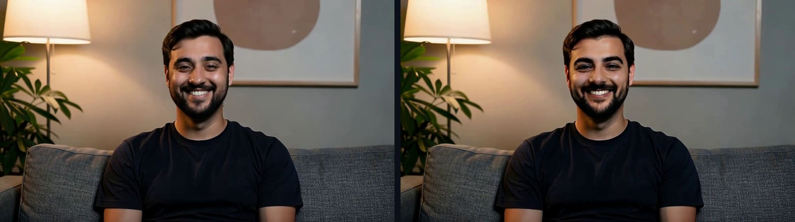 A living-room vlog frame before and after Facecam's Video Face Swap