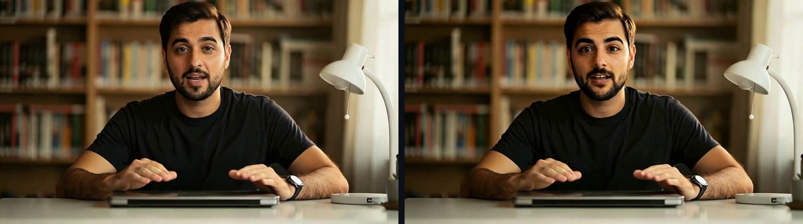 A desk vlog frame before and after Facecam's Video Face Swap