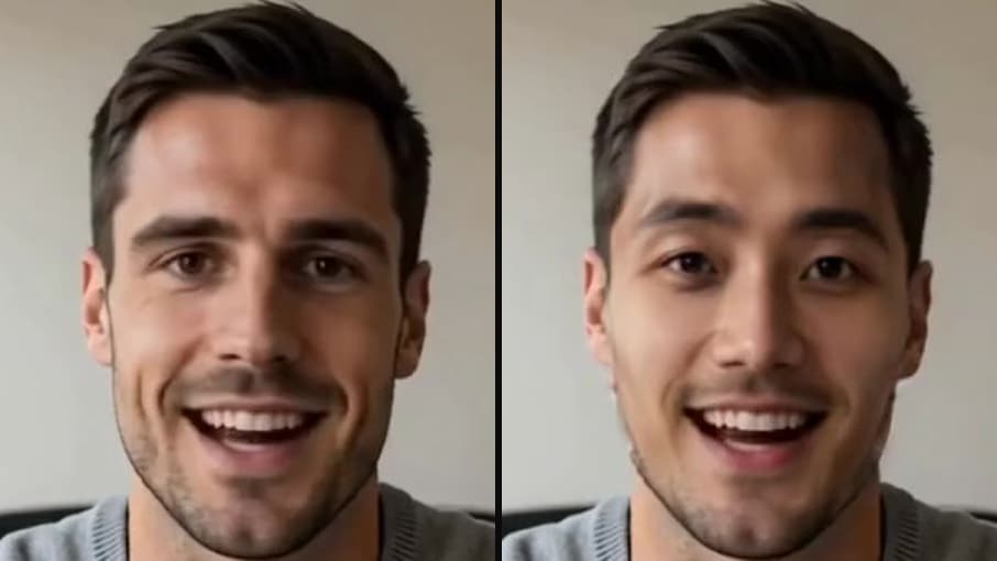 Close-up of the same frame before and after the live swap: the eyes, eyebrows, nose and face shape changed, while the hairline, ears, smile and the stubble on the chin stayed