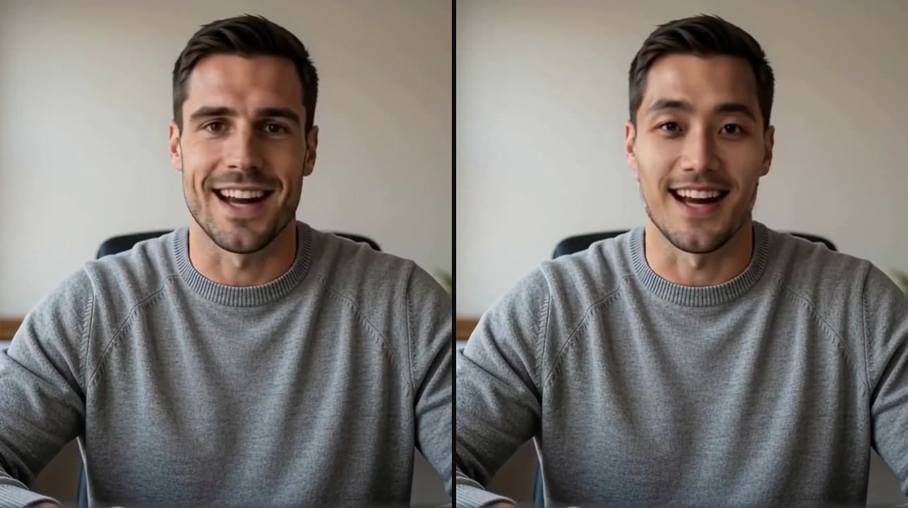 The same video frame twice: a computer-made man at a desk on the left, and on the right the frame our live face swap returned, with a different face but his hair, stubble and grey jumper unchanged